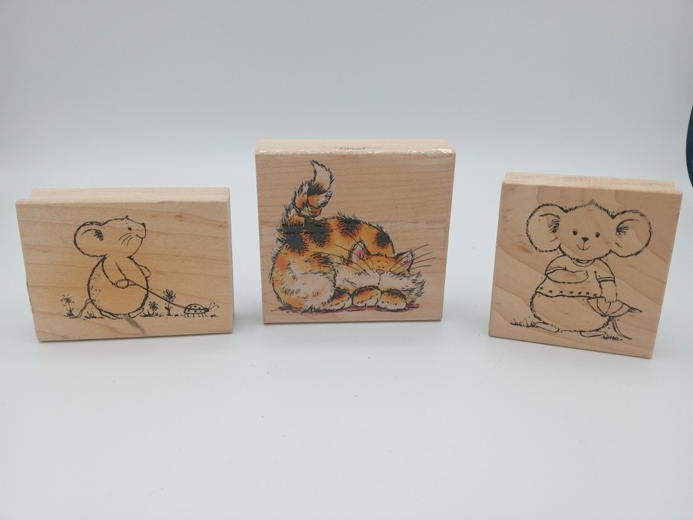 Wooden Block Rubber Stamp Cat And Mose
