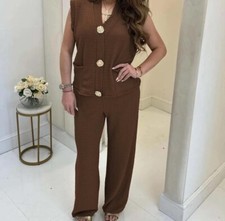Womens Gold Clip Loungewear Ladies Waistcoat Palazzo Trouser Tracksuit Coord Set