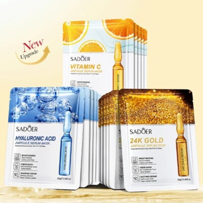 15 Stück SADOER 24K Gold Vitamin C Hyaluronsäure Gesichtsmasken Gesicht Feuchtigkeitsspendend