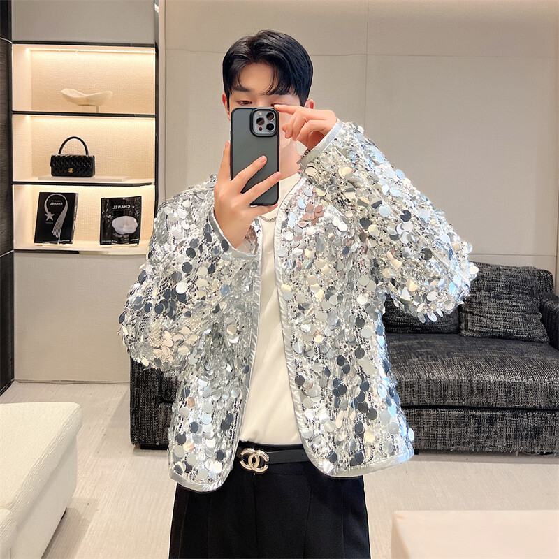 Silver Sequin Jacket Men's Top Shiny Stage Dance Performance