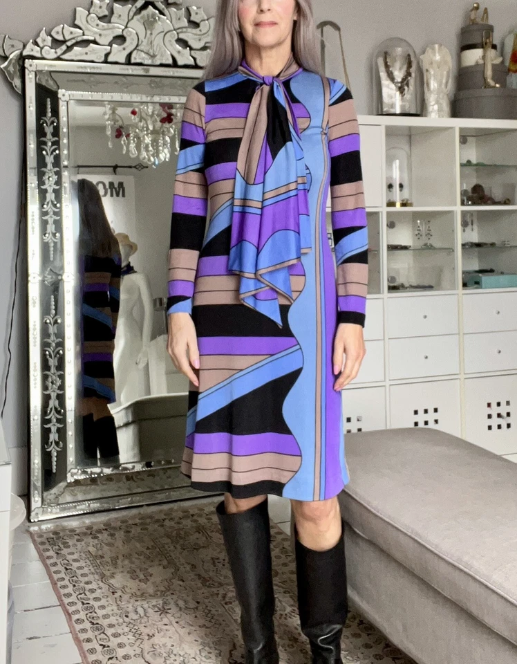 VESTIDO VINTAGE A RAYAS LOUIS FERAUD PARÍS CON BUFANDA ADJUNTA TALLA XS/S Foto 2 de 4