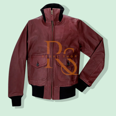 Men's Maroon Leather Jacket Black Rib Style Real Lambskin Leather Zipper Jacket