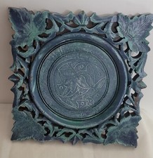 Vintage Hand Carved Wood Stand / Tray Floral Leaf Design for Pot Vase Square 6"