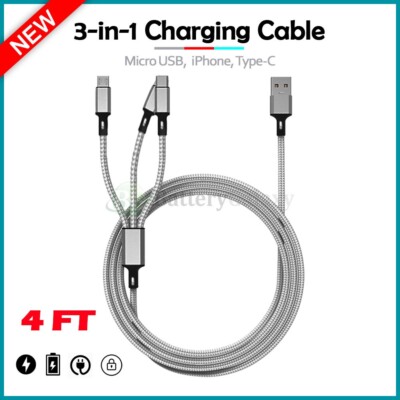 3-in-1 Multi Charger USB Charging Cord for Huawei Nova Flip/ Xiaomi Poco M6 Plus