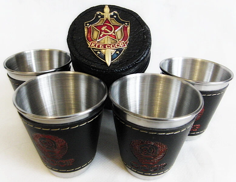 Russian Vodka Shot Glasses Set & Case with Metal  KGB USSR Badge 4 x 25 ml - Image 2 of 4