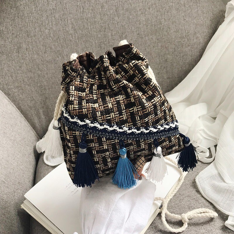 Vintage Style Boho Drawstring Bag Small Crossbody Bucket Bag Tassel Chic Check