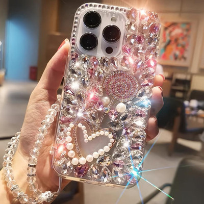 For iPhone 14 Pro Max/16 Sparkle Bling Glitter Rhinestone Flowers Diamonds Case