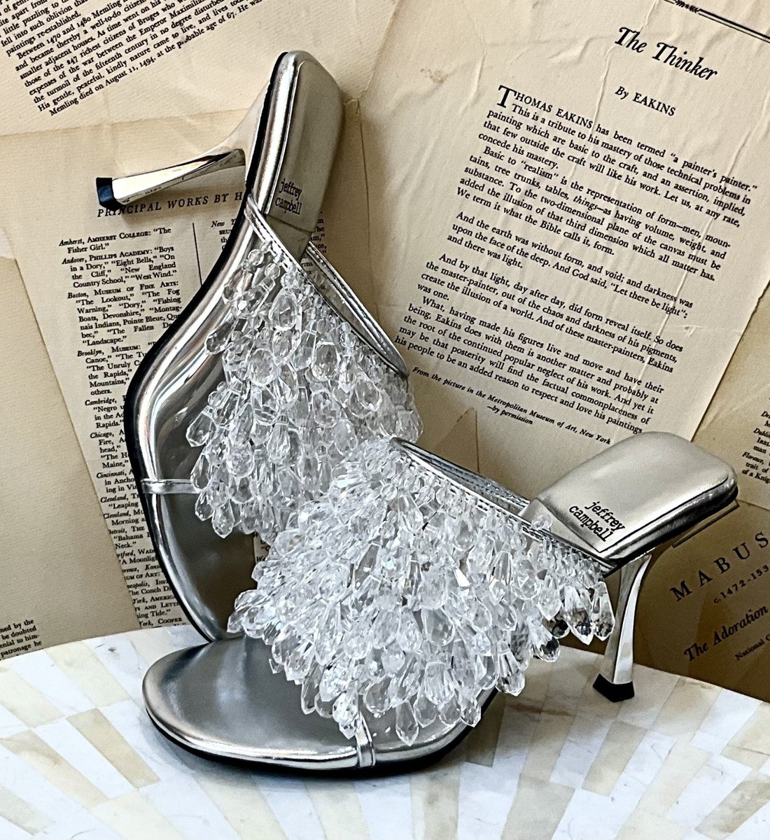 Anthropologie Jeffrey Campbell Crystlz Heels Slides Mules Silver