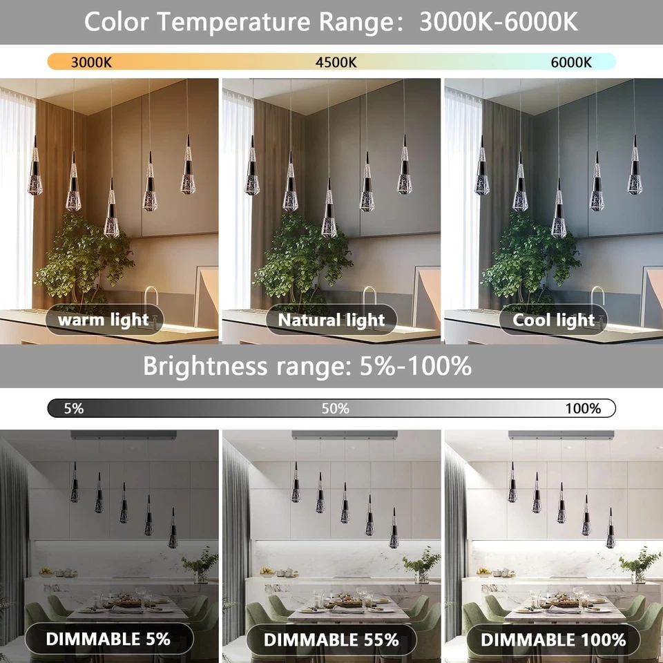 Lámpara colgante moderna de 5 luces negra regulable para cocina isla Foto 3 de 4