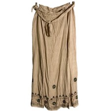 Vintage Boho Wrap Maxi Skirt One Size Beige Embroidered Rayon Festival Artsy 90s