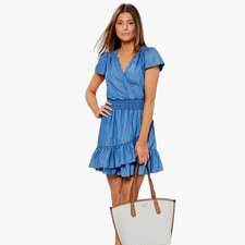Michael Kors Julia Chambray Ruffled Faux Wrap Dress Size XL