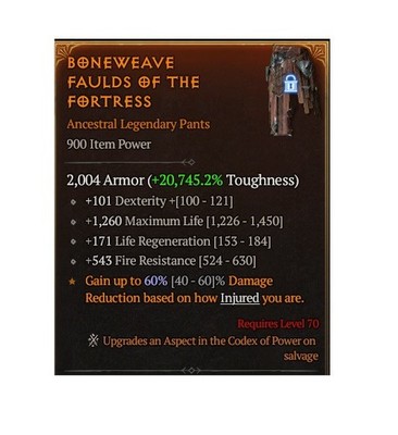 Diablo 4 S14 Boneweave Faulds Of The Fortress 0GA Max Legendary Pants Equipment