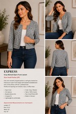Express Gray Marled Cropped Jacket, Cotton, Cardigan Beaded Sleeve Size Small