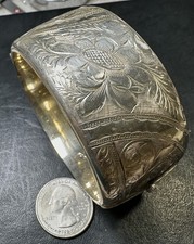 Vintage English Sterling Silver Carved Wide Bangle BRACELET 56 Grams C77