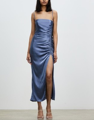 Shona Joy Lily Ruched Midi Dress Satin Bias Slip Blue Smoke Bridesmaid Party 6