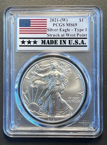 2021 (W) $1 Type 1 American Silver Eagle PCGS MS69 Made in USA Label