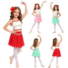 Kids Girls Set Dance Costume Shiny Outfit Tassel Sequin Asymmetrical Princess