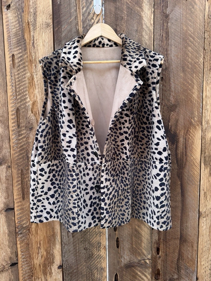 Colete feminino de camurça sintética leopardo 2X estampa animal reversível motociclista Y2K faroeste - Imagem 2 de 4