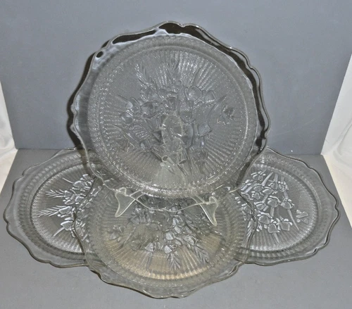 Set of 4 Vtg Jeanette Glass Crystal Iris & Herringbone Dinner Plate 9 3/8”