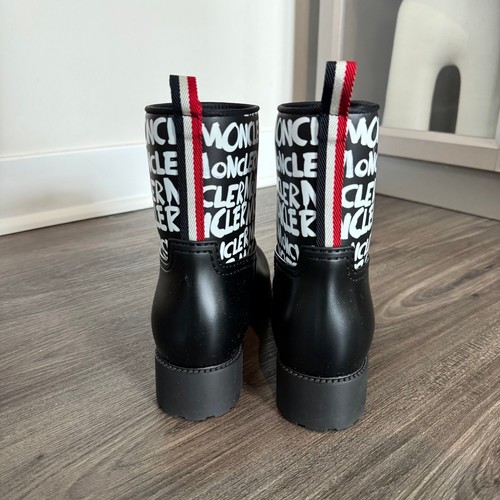 Moncler Ginette Strivale Rainboots NEW White Logo Graffiti Black Waterproof 38 - Picture 6 of 10