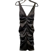 Xscape Black Satin Ruched Bodycon Dress 10 Wedding Guest Cocktail V-Neck Evening