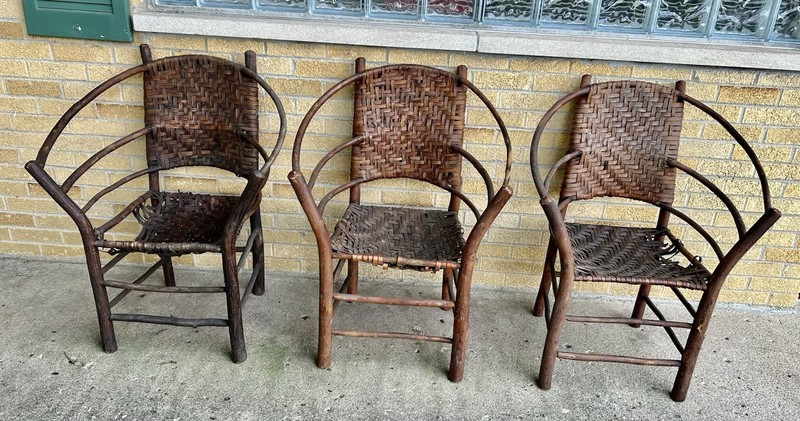 1880s Primitive Ohio Folk Art Bent Tree Branch Woven Wooden Splint Seat Chairs