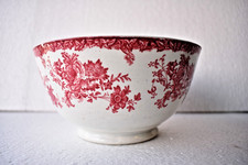 ANTIQUE Rosso Floreale Transferware Ciotola Europeo Rustico Campagna Ceramiche