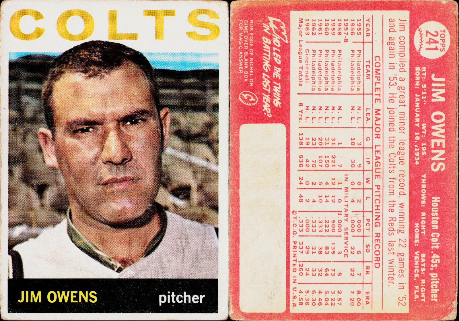 Jim Owens #241 Baseball Cards 1964 Topps trading card — raw and PSA graded price guide