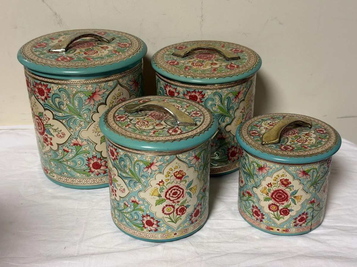 Vintage Tin Canister Set In Collectible Metal Kitchen Canisters