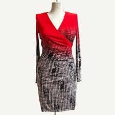 CALVIN KLEIN Red/Black/White Abstract Sheath V-Neck Long Sleeve Dress 6