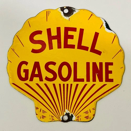 Vintage Shell Gasoline Porcelain Sign - Classic Scallop Shell Logo Sign 6" x 6"