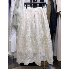 Womens Cream Embroidered Lace Maxi Skirt Cottagecore Boho Tiered Elastic Waist