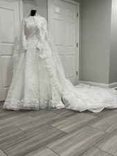 White Lace Ball Gown Wedding Dress High Neck Long Sleeve Train Buttons