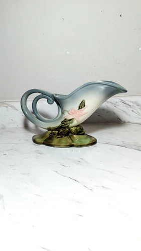 A++ HULL W10-11 Cornucopia Bow Knot Handle Woodland Blue & Green Vase w/ Orchid