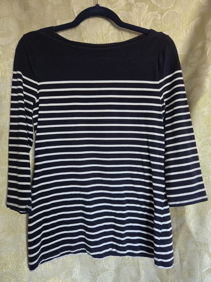 TALLA MED Merona Mujer’s Top Azul Marino y Blanco Rayas Manga 3/4 Foto 2 de 4