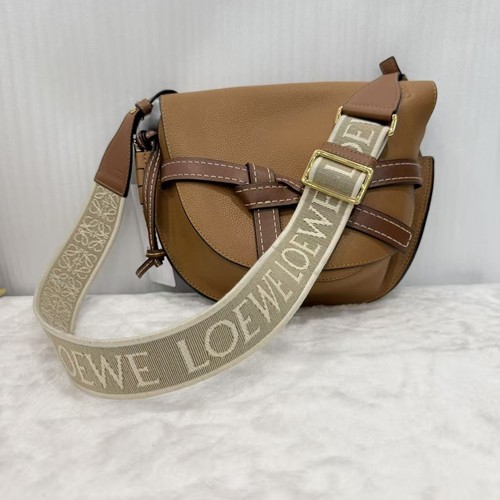 LOEWE Gate Dual Tan Calfskin Crossbody Bag with Logo Jacquard Strap