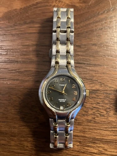 Timex Vintage Women’s Indiglo Watch, Black Dial, Gold Hands, Date. New Battery