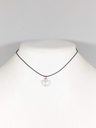 Gold Tone Faux Pearl Heart Charm Black Cord Necklace 14.5 inches
