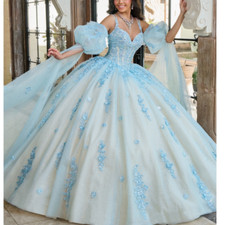 Shiny Blue Quinceanera Dress Ball Gown Floral Applique Beading Crystal Sweet 16