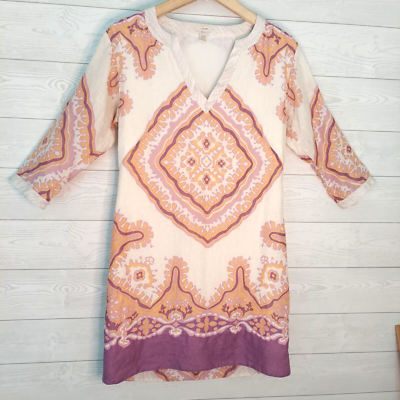 J. Crew Linen Dress Size 4 Sleeves Boho Shift Colorful Purple Gold Mauve |  eBay