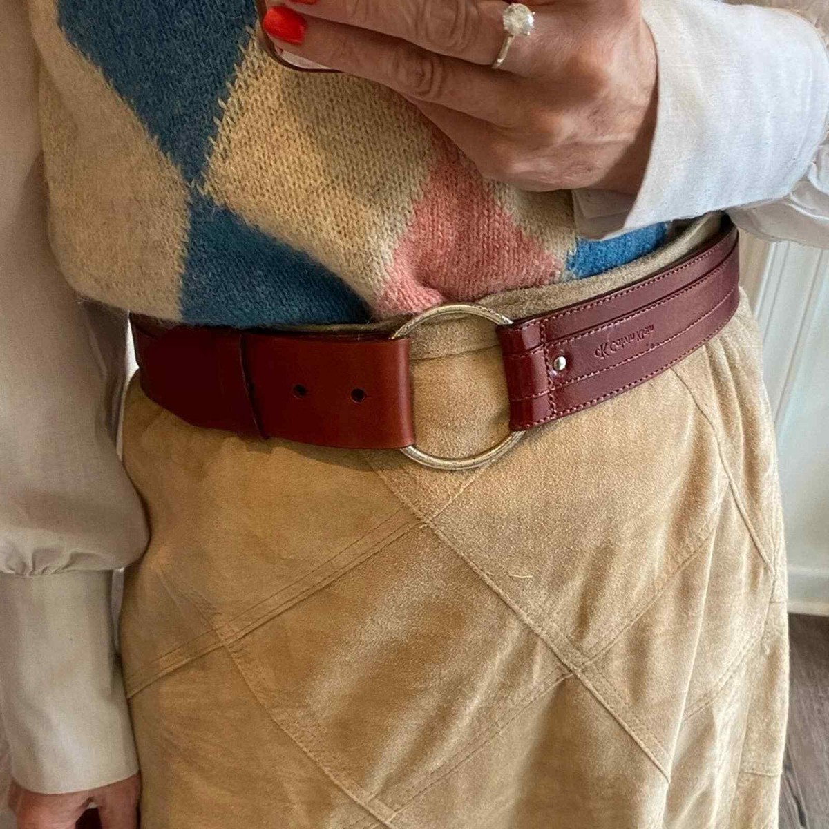 Calvin Klein Genuine Leather wide Belt Oxblood Silver Ring  display picture 1