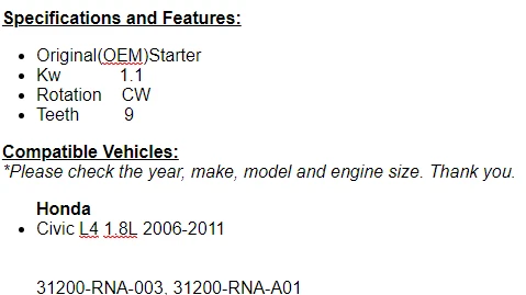 Arranque manual 17957r se adapta a Honda Civic 2006 2007 2008 2009 2010 2011 (1,8 L) Foto 2 de 4