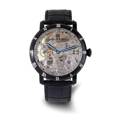 Charles Hubert 44mm Mens Black Leather Skeleton Dial Mechanical Wrist Watch
