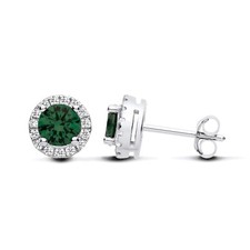 Sterling Silver 925 simulated Emerald & CZ Halo Cluster Round Stud Earrings