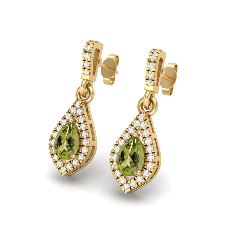 14k Yellow Gold Peridot 6x4MM Pear Shape Chandelier Teardrop Women Earrings - Image 2 of 4