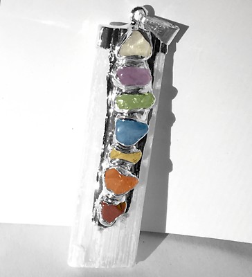Selenite 7 Chakra Crystal Pendant CHARGED Sterling Silver Necklace HANDMADE