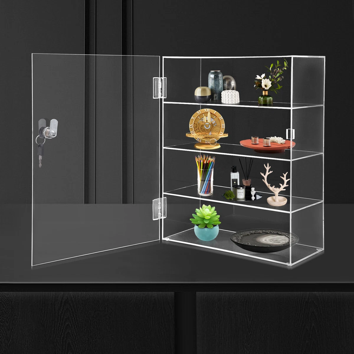 4-Layer Clear Acrylic Countertop Display Case Locking Cabinet Showcase Box  USA