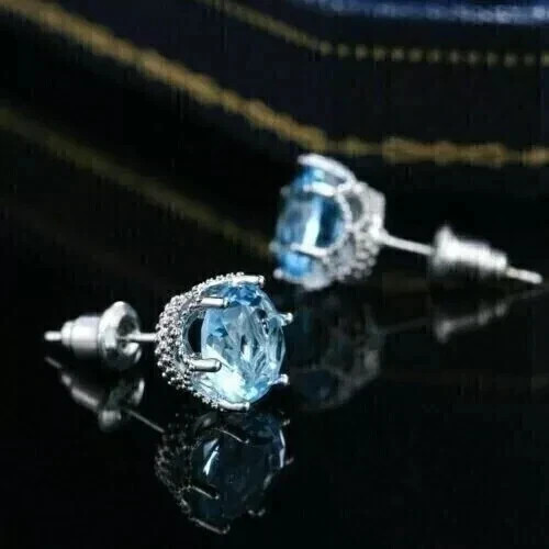 2Ct Round Cut Lab-Created Aquamarine Women's Stud Earrings 14K White Gold Plated