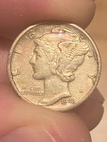 1943-D Silver Mercury Dime, Colorful Rainbow Album Toning