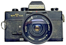 Minolta SRT102 Film Camera SLR w/ Vivitar 35mm Lens BLACK UV Haze Filter Strap